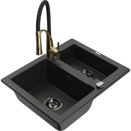 Mexen Carlos zlewozmywak granitowy 1,5-komorowy z baterią kuchenną Aster, czarny/złoty metalik - 6518-75-73450-57-B