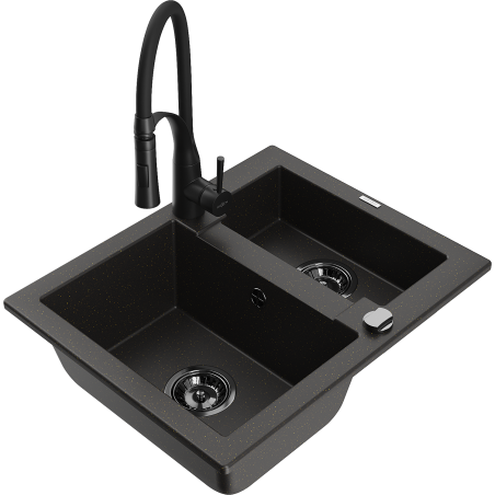 Mexen Carlos zlewozmywak granitowy 1,5-komorowy z baterią kuchenną Aster, czarny/złoty metalik - 6518-75-73450-70-B