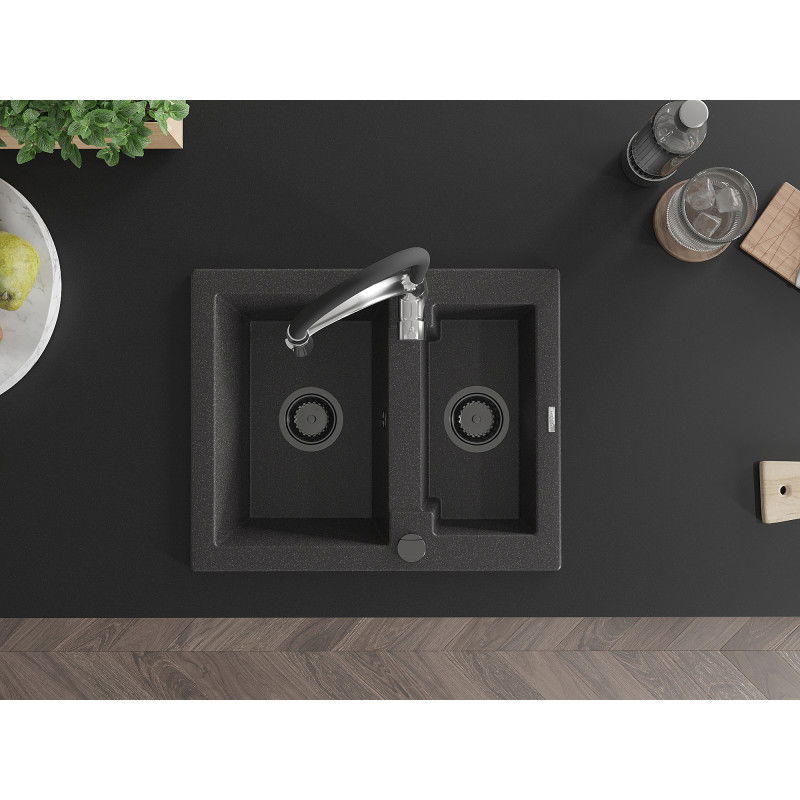 Mexen Carlos zlewozmywak granitowy 1,5-komorowy z baterią kuchenną Aster, czarny nakrapiany - 6518-76-73450-07-B
