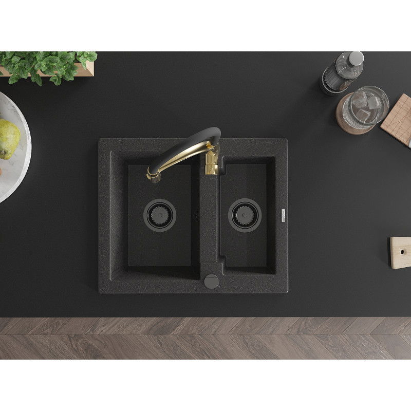 Mexen Carlos zlewozmywak granitowy 1,5-komorowy z baterią kuchenną Aster, czarny nakrapiany - 6518-76-73450-57-B