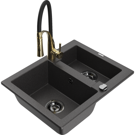 Mexen Carlos zlewozmywak granitowy 1,5-komorowy z baterią kuchenną Aster, czarny nakrapiany - 6518-76-73450-57-B