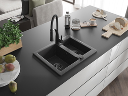 Mexen Carlos zlewozmywak granitowy 1,5-komorowy z baterią kuchenną Aster, czarny nakrapiany - 6518-76-73450-70-B