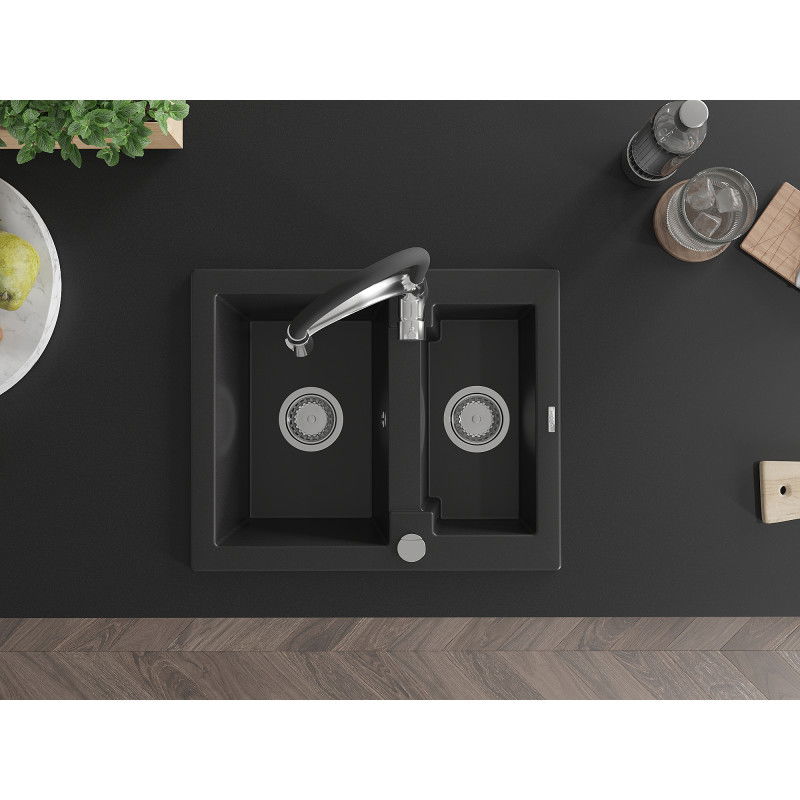 Mexen Carlos zlewozmywak granitowy 1,5-komorowy z baterią kuchenną Aster, czarny - 6518-77-73450-07