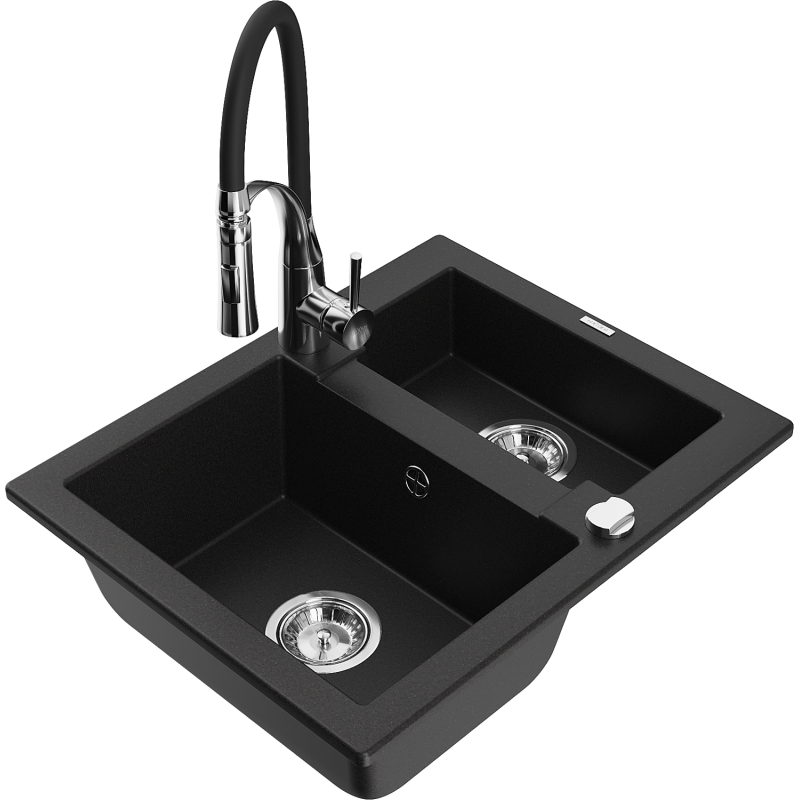 Mexen Carlos zlewozmywak granitowy 1,5-komorowy z baterią kuchenną Aster, czarny - 6518-77-73450-07