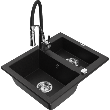 Mexen Carlos zlewozmywak granitowy 1,5-komorowy z baterią kuchenną Aster, czarny - 6518-77-73450-07
