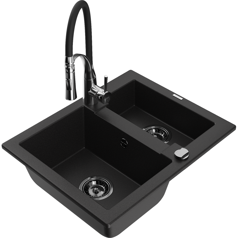 Mexen Carlos zlewozmywak granitowy 1,5-komorowy z baterią kuchenną Aster, czarny - 6518-77-73450-07-B