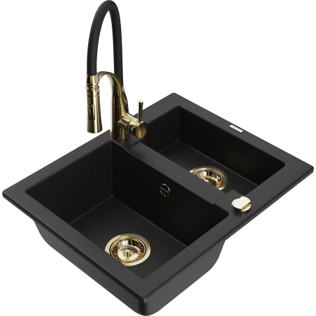 Mexen Carlos zlewozmywak granitowy 1,5-komorowy z baterią kuchenną Aster, czarny - 6518-77-73450-57-G