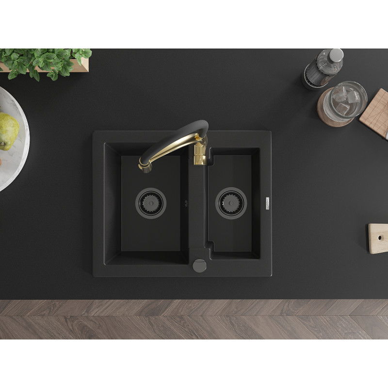 Mexen Carlos zlewozmywak granitowy 1,5-komorowy z baterią kuchenną Aster, czarny - 6518-77-73450-57-B