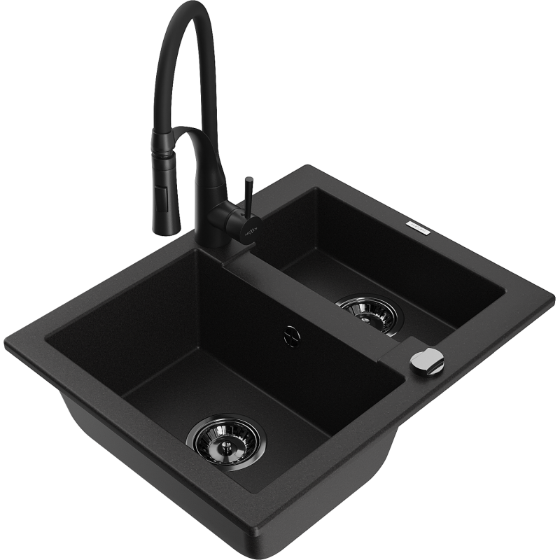 Mexen Carlos zlewozmywak granitowy 1,5-komorowy z baterią kuchenną Aster, czarny - 6518-77-73450-70-B