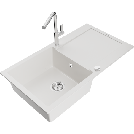 Mexen Leo zlewozmywak granitowy 1-komorowy z ociekaczem i baterią kuchenną Flora, biały - 6501-20-670401-00