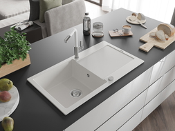 Mexen Leo zlewozmywak granitowy 1-komorowy z ociekaczem i baterią kuchenną Flora, biały - 6501-20-670401-02