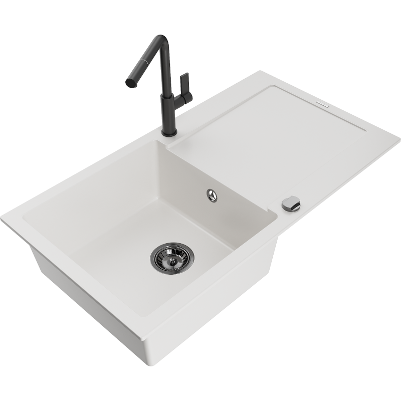 Mexen Leo zlewozmywak granitowy 1-komorowy z ociekaczem i baterią kuchenną Flora, biały - 6501-20-670401-70-B