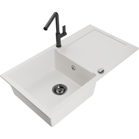 Mexen Leo zlewozmywak granitowy 1-komorowy z ociekaczem i baterią kuchenną Flora, biały - 6501-20-670401-70-B