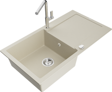 Mexen Leo zlewozmywak granitowy 1-komorowy z ociekaczem i baterią kuchenną Flora, beżowy - 6501-69-670401-00