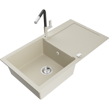 Mexen Leo zlewozmywak granitowy 1-komorowy z ociekaczem i baterią kuchenną Flora, beżowy - 6501-69-670401-07