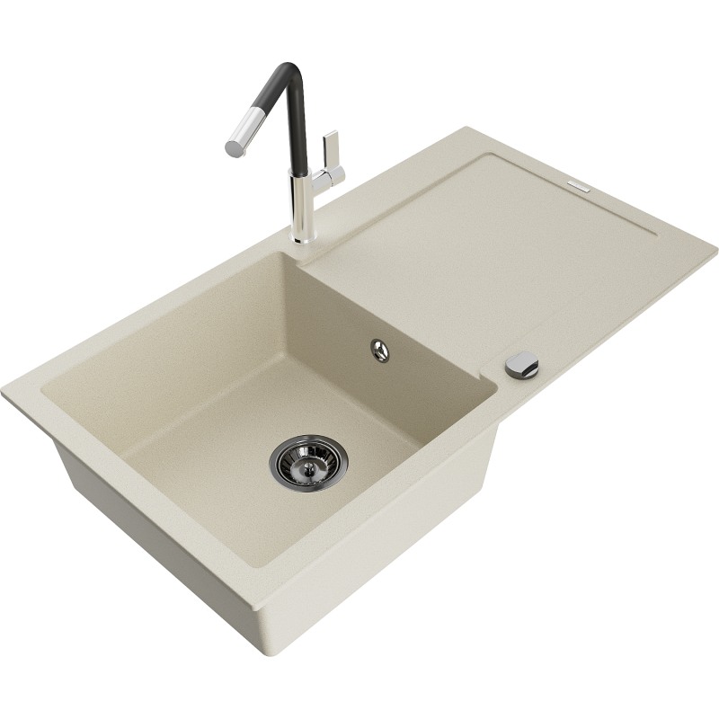 Mexen Leo zlewozmywak granitowy 1-komorowy z ociekaczem i baterią kuchenną Flora, beżowy - 6501-69-670401-07-B