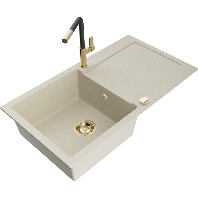 Mexen Leo zlewozmywak granitowy 1-komorowy z ociekaczem i baterią kuchenną Flora, beżowy - 6501-69-670401-57-G