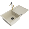Mexen Leo zlewozmywak granitowy 1-komorowy z ociekaczem i baterią kuchenną Flora, beżowy - 6501-69-670401-57-B