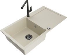 Mexen Leo zlewozmywak granitowy 1-komorowy z ociekaczem i baterią kuchenną Flora, beżowy - 6501-69-670401-70-B