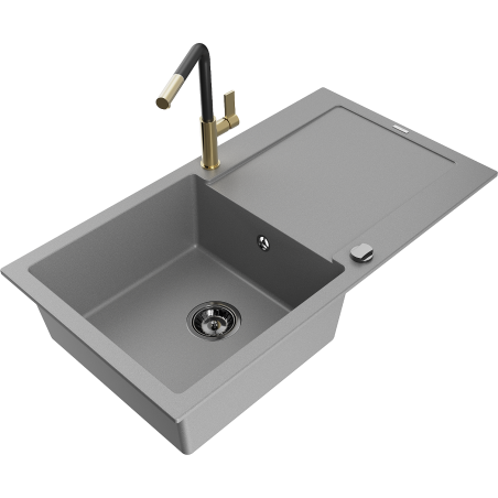 Mexen Leo zlewozmywak granitowy 1-komorowy z ociekaczem i baterią kuchenną Flora, szary - 6501-71-670401-57-B