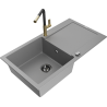 Mexen Leo zlewozmywak granitowy 1-komorowy z ociekaczem i baterią kuchenną Flora, szary - 6501-71-670401-57-B