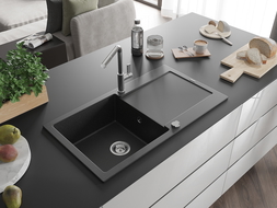 Mexen Leo zlewozmywak granitowy 1-komorowy z ociekaczem i baterią kuchenną Flora, czarny/srebrny metalik - 6501-73-670401-00