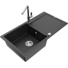 Mexen Leo zlewozmywak granitowy 1-komorowy z ociekaczem i baterią kuchenną Flora, czarny/srebrny metalik - 6501-73-670401-00