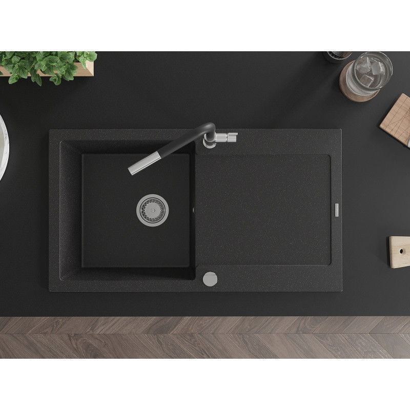 Mexen Leo zlewozmywak granitowy 1-komorowy z ociekaczem i baterią kuchenną Flora, czarny/srebrny metalik - 6501-73-670401-07