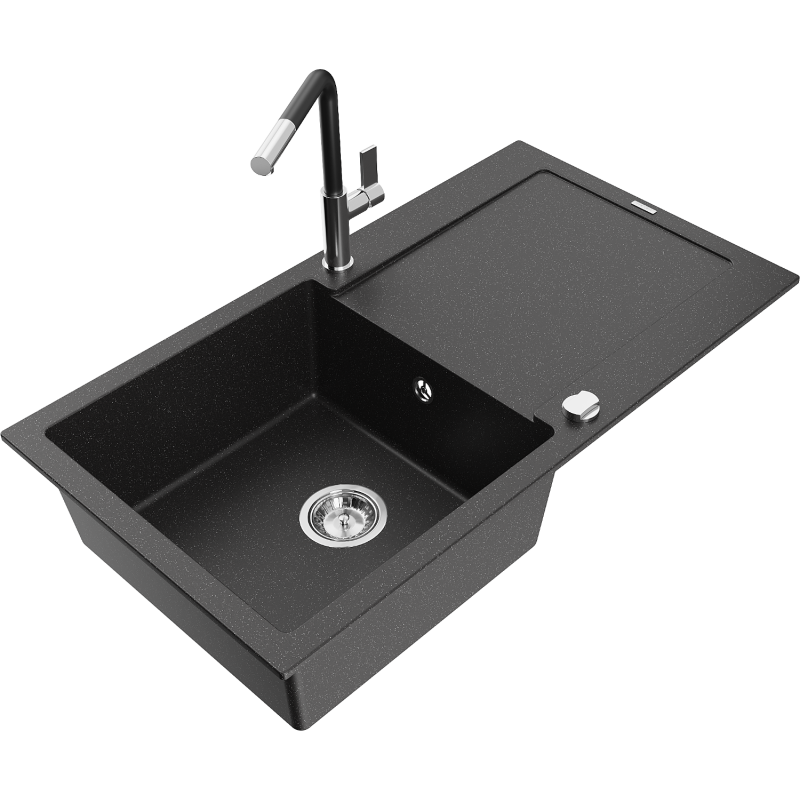 Mexen Leo zlewozmywak granitowy 1-komorowy z ociekaczem i baterią kuchenną Flora, czarny/srebrny metalik - 6501-73-670401-07