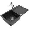 Mexen Leo zlewozmywak granitowy 1-komorowy z ociekaczem i baterią kuchenną Flora, czarny/srebrny metalik - 6501-73-670401-07