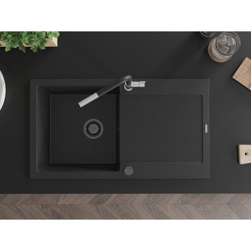 Mexen Leo zlewozmywak granitowy 1-komorowy z ociekaczem i baterią kuchenną Flora, czarny/srebrny metalik - 6501-73-670401-07-B