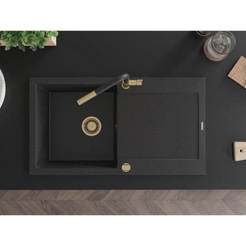 Mexen Leo zlewozmywak granitowy 1-komorowy z ociekaczem i baterią kuchenną Flora, czarny/srebrny metalik - 6501-73-670401-57-G