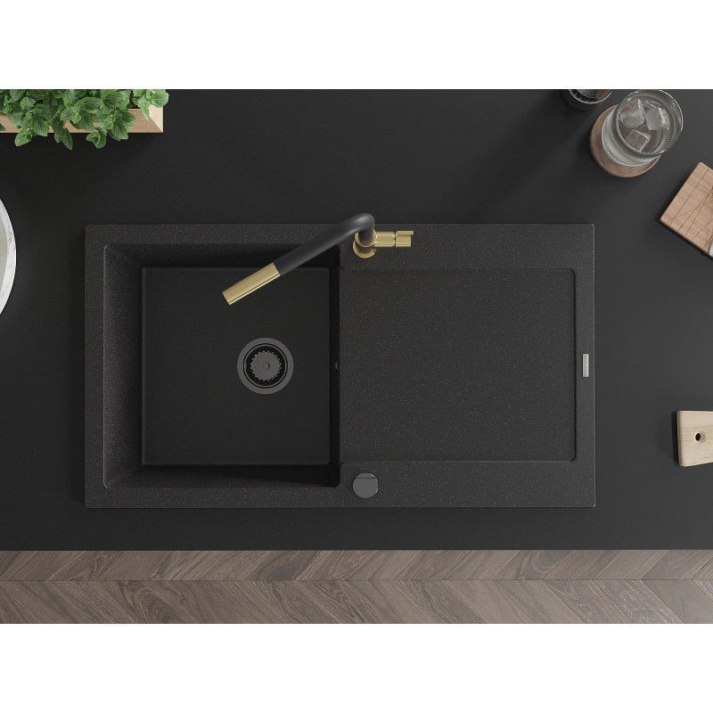 Mexen Leo zlewozmywak granitowy 1-komorowy z ociekaczem i baterią kuchenną Flora, czarny/srebrny metalik - 6501-73-670401-57-B
