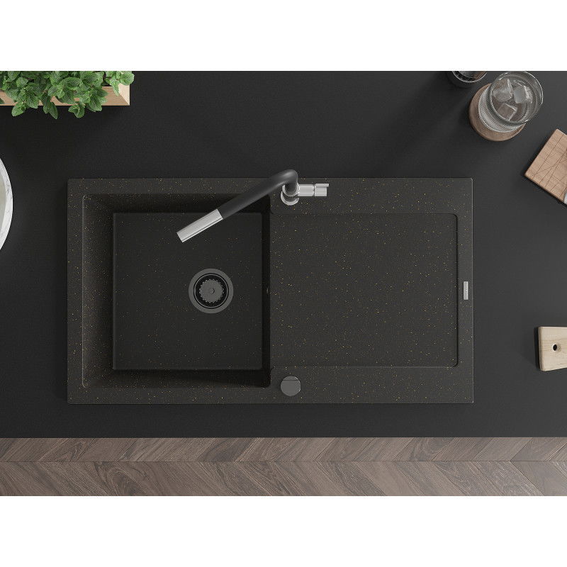 Mexen Leo zlewozmywak granitowy 1-komorowy z ociekaczem i baterią kuchenną Flora, czarny/złoty metalik - 6501-75-670401-07-B