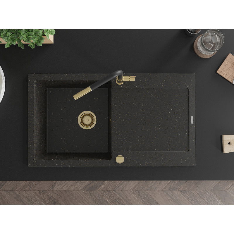 Mexen Leo zlewozmywak granitowy 1-komorowy z ociekaczem i baterią kuchenną Flora, czarny/złoty metalik - 6501-75-670401-57-G