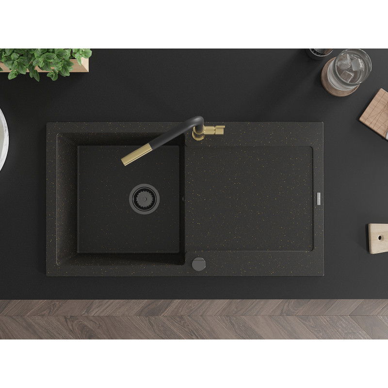 Mexen Leo zlewozmywak granitowy 1-komorowy z ociekaczem i baterią kuchenną Flora, czarny/złoty metalik - 6501-75-670401-57-B