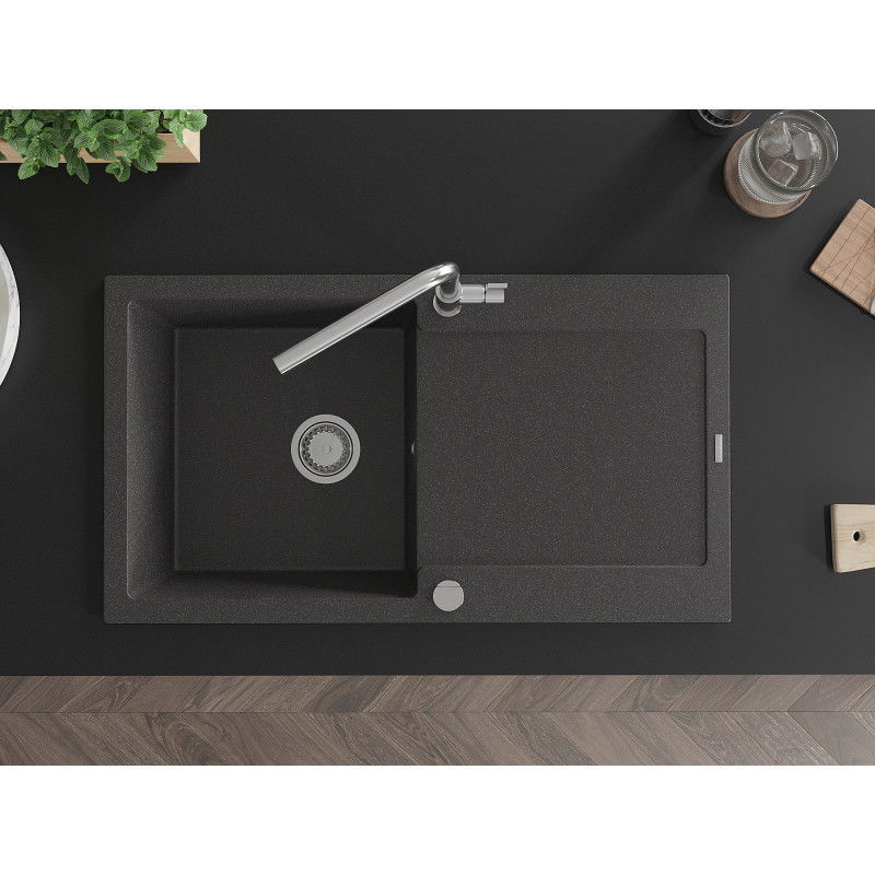 Mexen Leo zlewozmywak granitowy 1-komorowy z ociekaczem i baterią kuchenną Flora, czarny nakrapiany - 6501-76-670401-00