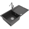Mexen Leo zlewozmywak granitowy 1-komorowy z ociekaczem i baterią kuchenną Flora, czarny nakrapiany - 6501-76-670401-00