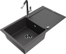 Mexen Leo zlewozmywak granitowy 1-komorowy z ociekaczem i baterią kuchenną Flora, czarny nakrapiany - 6501-76-670401-07-B