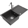 Mexen Leo zlewozmywak granitowy 1-komorowy z ociekaczem i baterią kuchenną Flora, czarny nakrapiany - 6501-76-670401-08