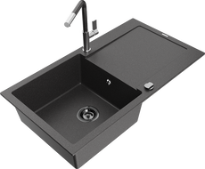 Mexen Leo zlewozmywak granitowy 1-komorowy z ociekaczem i baterią kuchenną Flora, czarny nakrapiany - 6501-76-670401-08-B