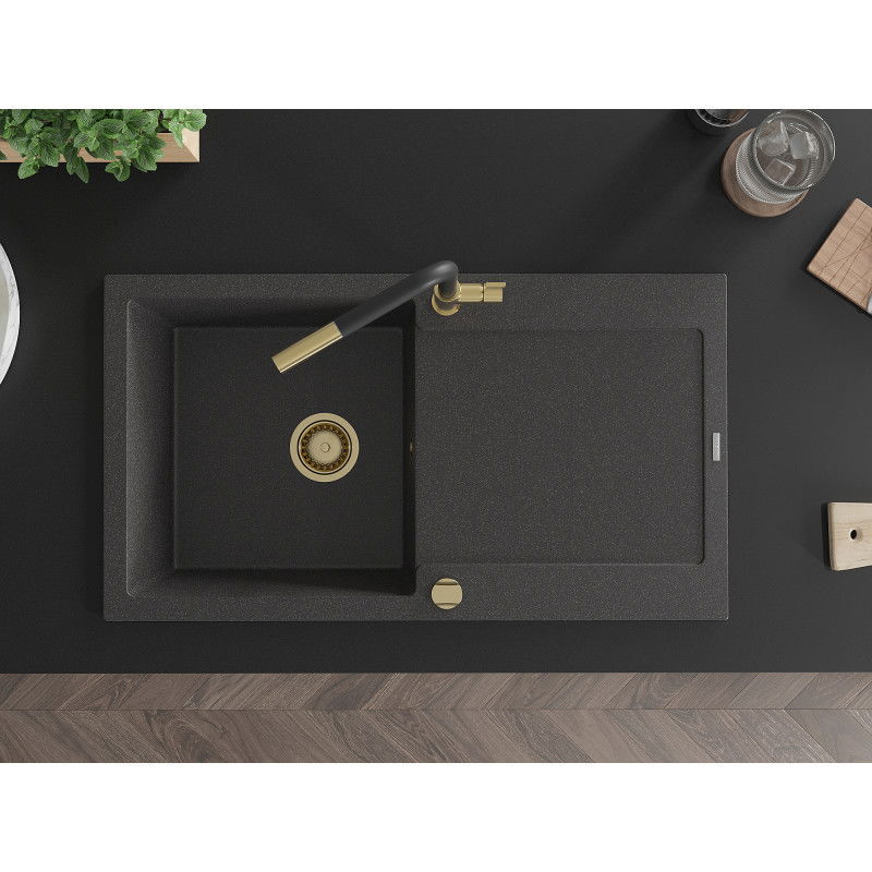 Mexen Leo zlewozmywak granitowy 1-komorowy z ociekaczem i baterią kuchenną Flora, czarny nakrapiany - 6501-76-670401-57-G