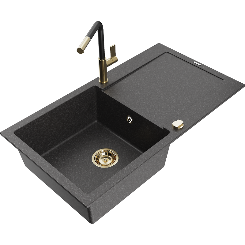 Mexen Leo zlewozmywak granitowy 1-komorowy z ociekaczem i baterią kuchenną Flora, czarny nakrapiany - 6501-76-670401-57-G