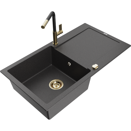 Mexen Leo zlewozmywak granitowy 1-komorowy z ociekaczem i baterią kuchenną Flora, czarny nakrapiany - 6501-76-670401-57-G