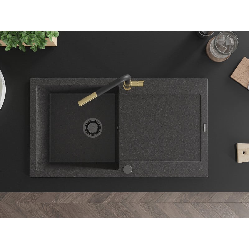 Mexen Leo zlewozmywak granitowy 1-komorowy z ociekaczem i baterią kuchenną Flora, czarny nakrapiany - 6501-76-670401-57-B