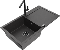 Mexen Leo zlewozmywak granitowy 1-komorowy z ociekaczem i baterią kuchenną Flora, czarny nakrapiany - 6501-76-670401-70-B