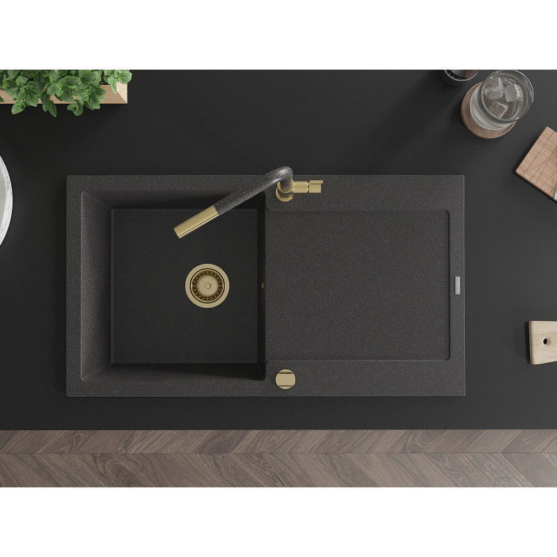 Mexen Leo zlewozmywak granitowy 1-komorowy z ociekaczem i baterią kuchenną Flora, czarny nakrapiany - 6501-76-670401-75-G