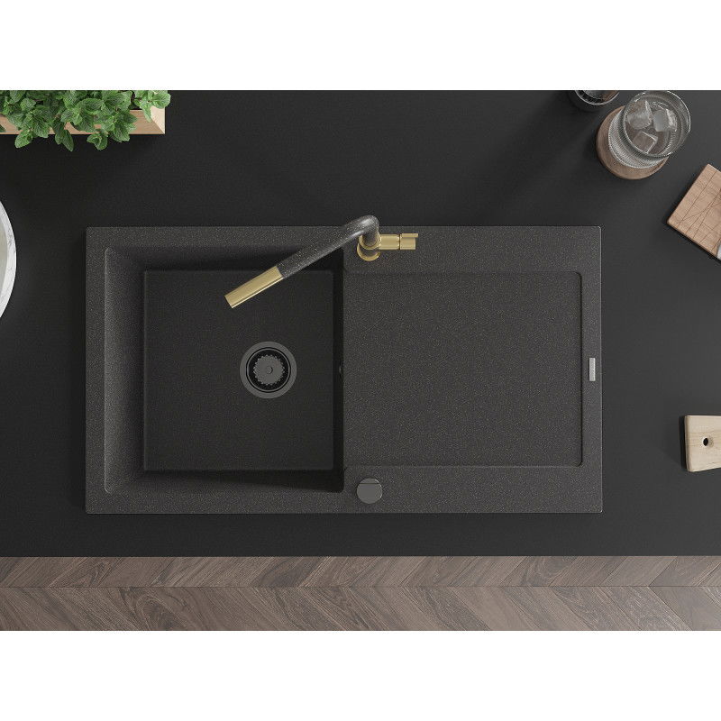 Mexen Leo zlewozmywak granitowy 1-komorowy z ociekaczem i baterią kuchenną Flora, czarny nakrapiany - 6501-76-670401-75-B