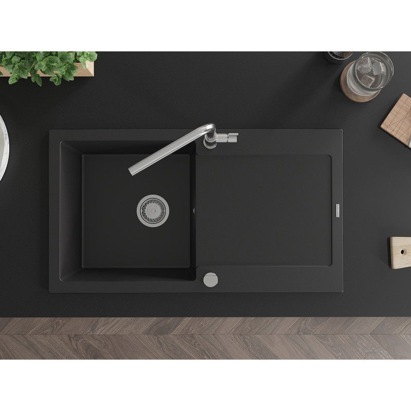Mexen Leo zlewozmywak granitowy 1-komorowy z ociekaczem i baterią kuchenną Flora, czarny - 6501-77-670401-00