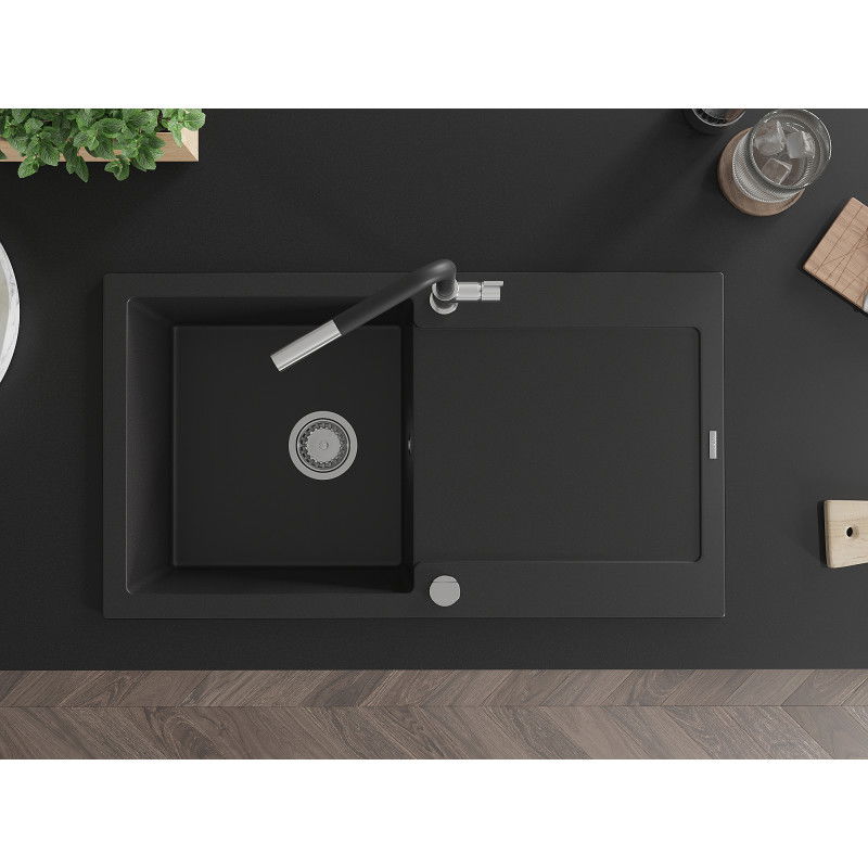 Mexen Leo zlewozmywak granitowy 1-komorowy z ociekaczem i baterią kuchenną Flora, czarny - 6501-77-670401-07